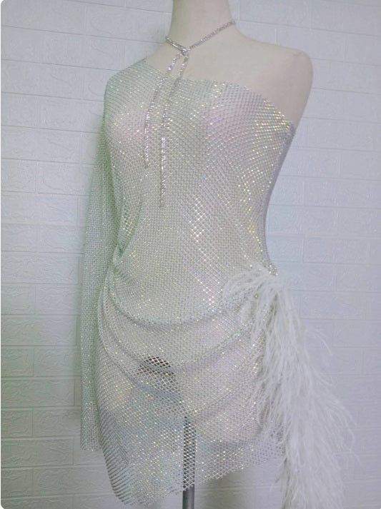 MARAYA Sheer Rhinestone Mesh Stretch Single Sleeve High Slit Mini See - through Dress