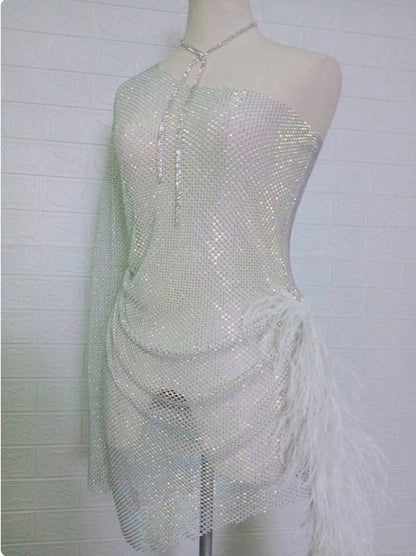 MARAYA Sheer Rhinestone Mesh Stretch Single Sleeve High Slit Mini See - through Dress