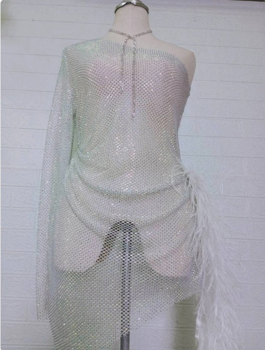 MARAYA Sheer Rhinestone Mesh Stretch Single Sleeve High Slit Mini See - through Dress