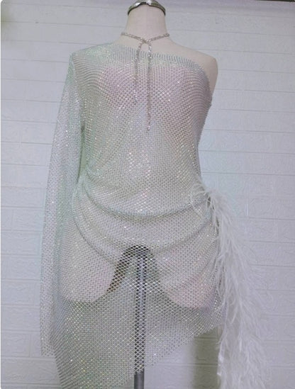 MARAYA Sheer Rhinestone Mesh Stretch Single Sleeve High Slit Mini See - through Dress