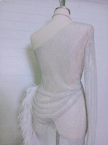 MARAYA Sheer Rhinestone Mesh Stretch Single Sleeve High Slit Mini See - through Dress