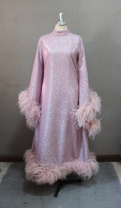 MARAYA Shimmer Rose Metallic Sparkle Bell Sleeve Feather Maxi Dress (Size 0 US. - 8 US.)