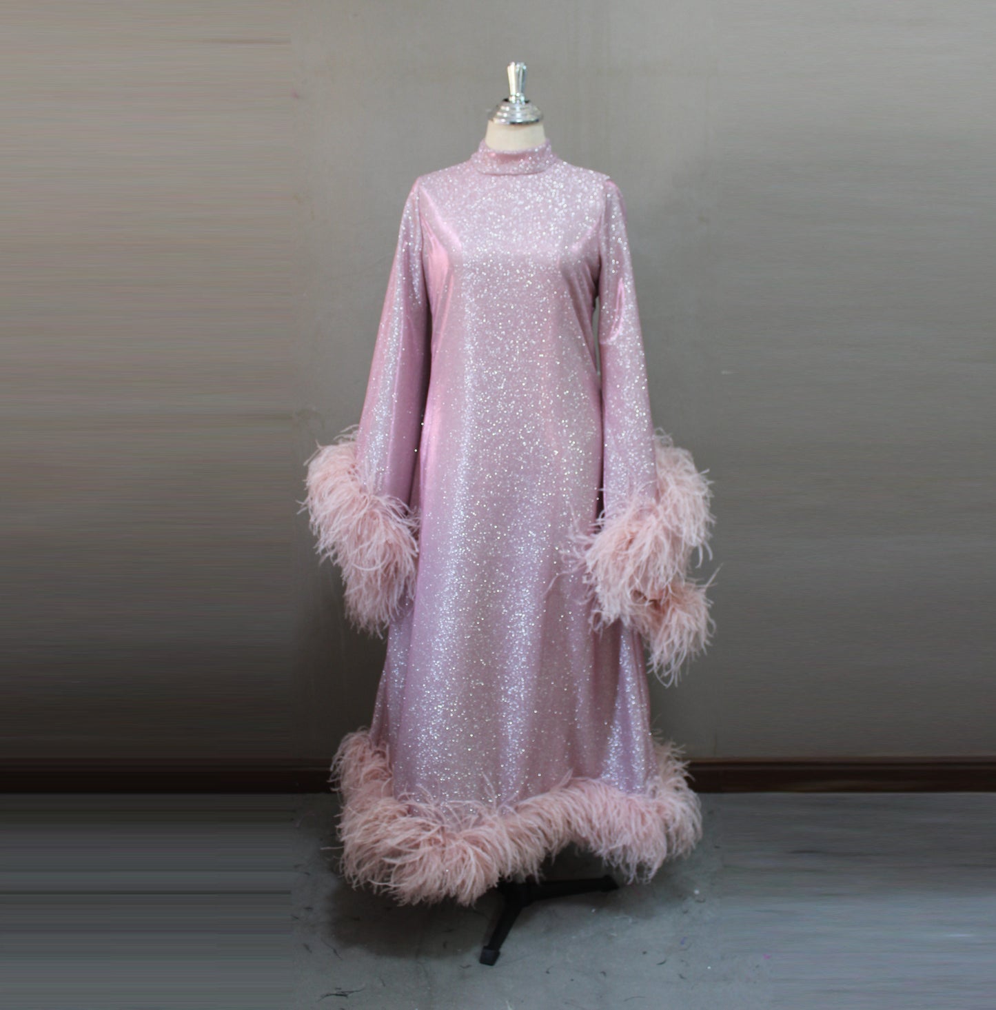 MARAYA Shimmer Rose Metallic Sparkle Bell Sleeve Feather Maxi Dress (Size 0 US. - 8 US.)
