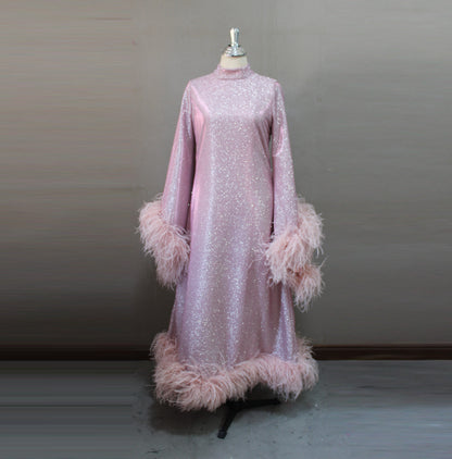 MARAYA Shimmer Rose Metallic Sparkle Bell Sleeve Feather Maxi Dress (Size 0 US. - 8 US.)