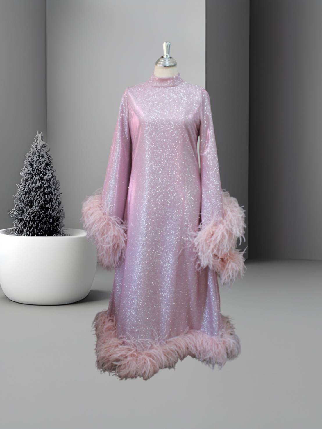 MARAYA Shimmer Rose Metallic Sparkle Bell Sleeve Feather Maxi Dress (Size 0 US. - 8 US.)