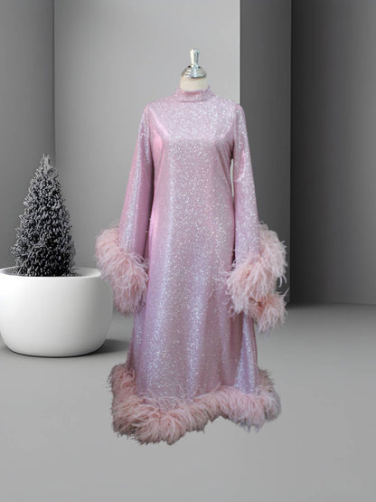 MARAYA Shimmer Rose Metallic Sparkle Bell Sleeve Feather Maxi Dress (Size 0 US. - 8 US.)