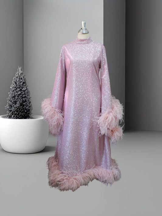 MARAYA Shimmer Rose Metallic Sparkle Bell Sleeve Feather Maxi Dress (Size 0 US. - 8 US.)