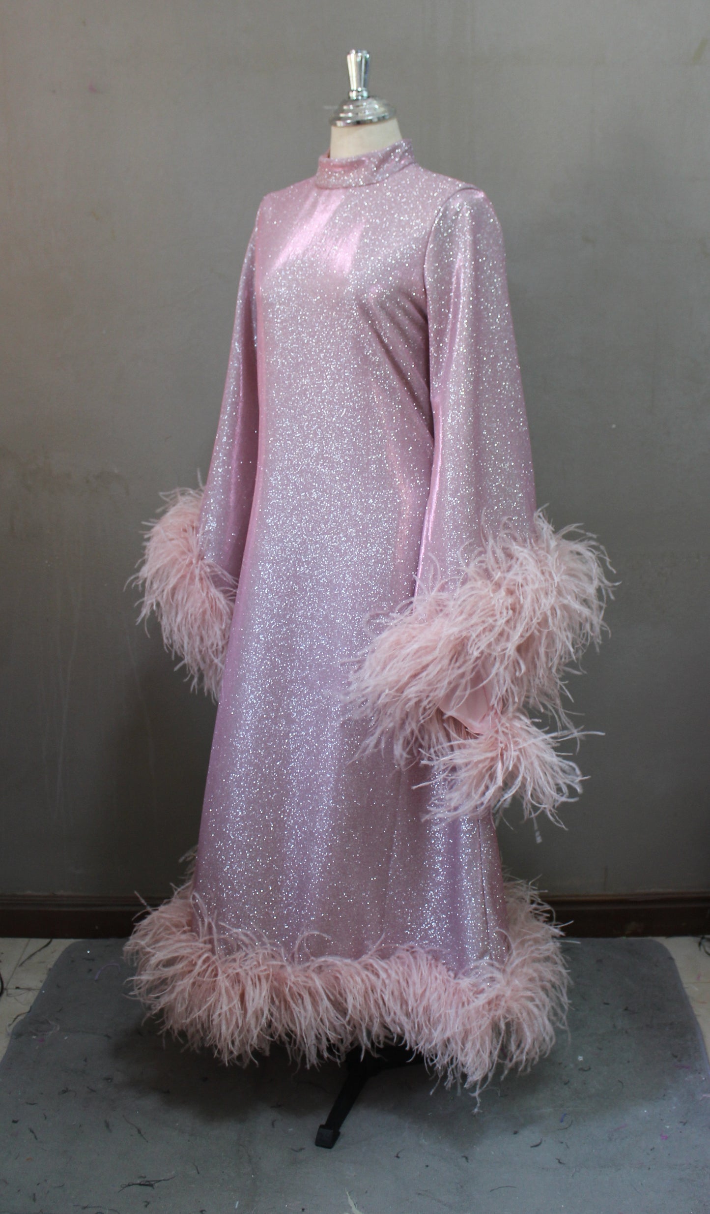 MARAYA Shimmer Rose Metallic Sparkle Bell Sleeve Feather Maxi Dress (Size 0 US. - 8 US.)