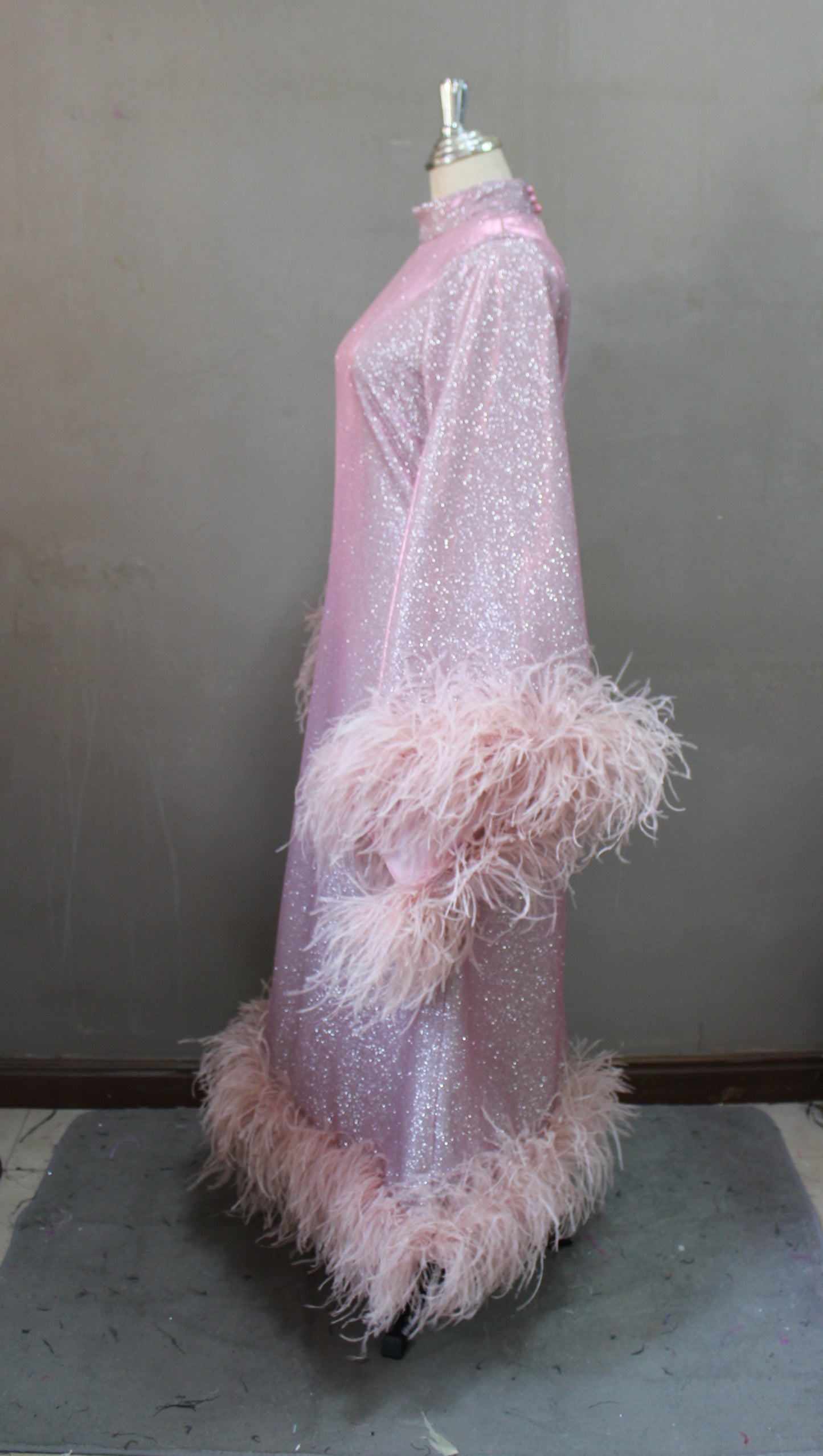 MARAYA Shimmer Rose Metallic Sparkle Bell Sleeve Feather Maxi Dress (Size 0 US. - 8 US.)