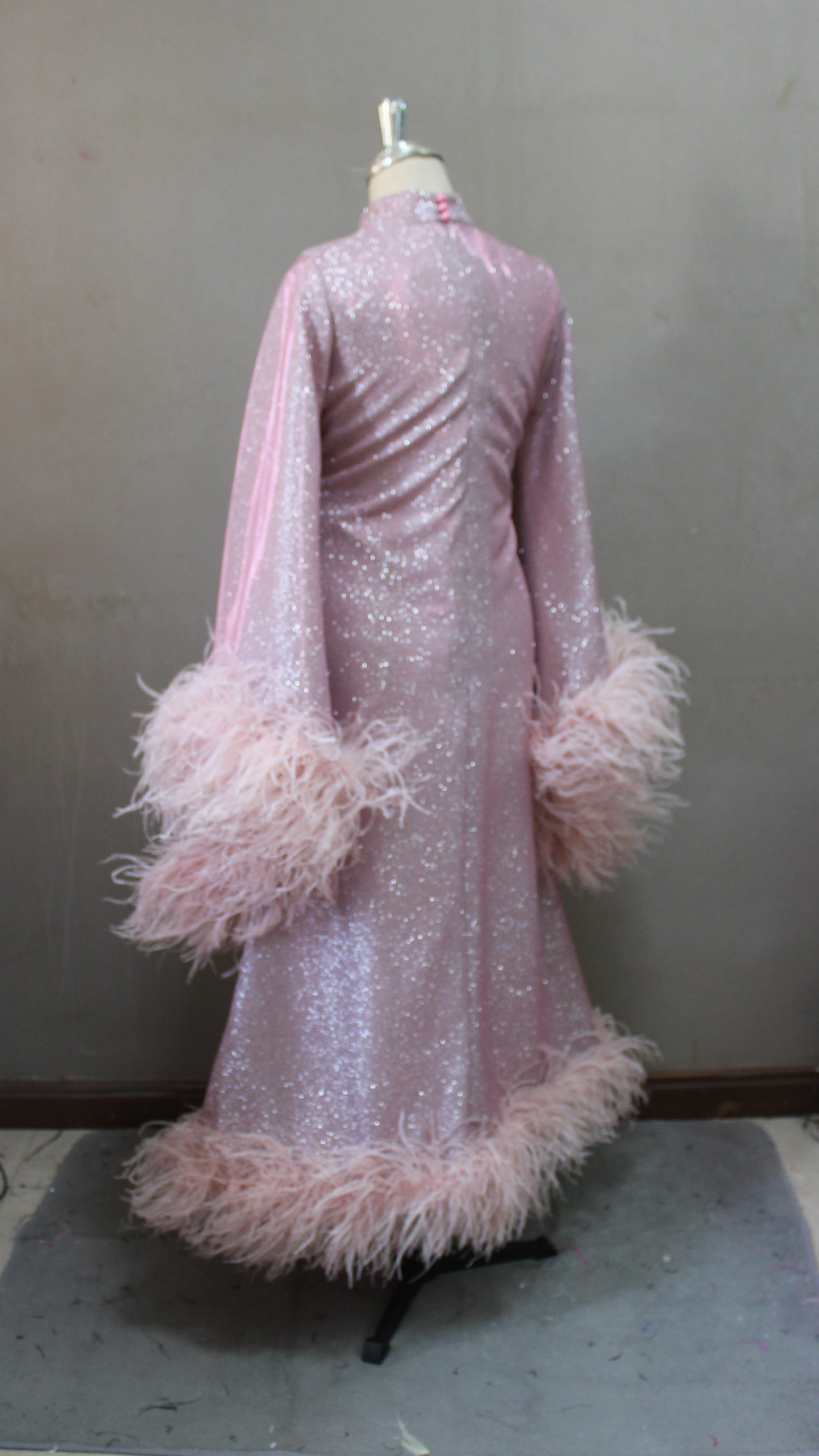 MARAYA Shimmer Rose Metallic Sparkle Bell Sleeve Feather Maxi Dress (Size 0 US. - 8 US.)