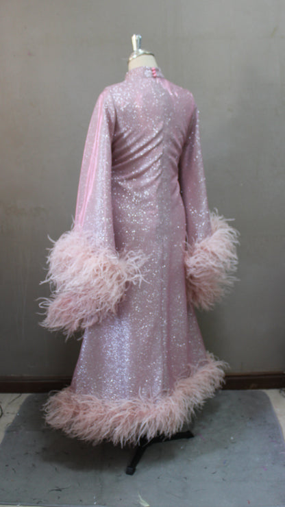 MARAYA Shimmer Rose Metallic Sparkle Bell Sleeve Feather Maxi Dress (Size 0 US. - 8 US.)