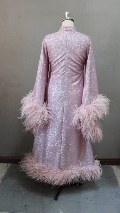 MARAYA Shimmer Rose Metallic Sparkle Bell Sleeve Feather Maxi Dress (Size 0 US. - 8 US.)