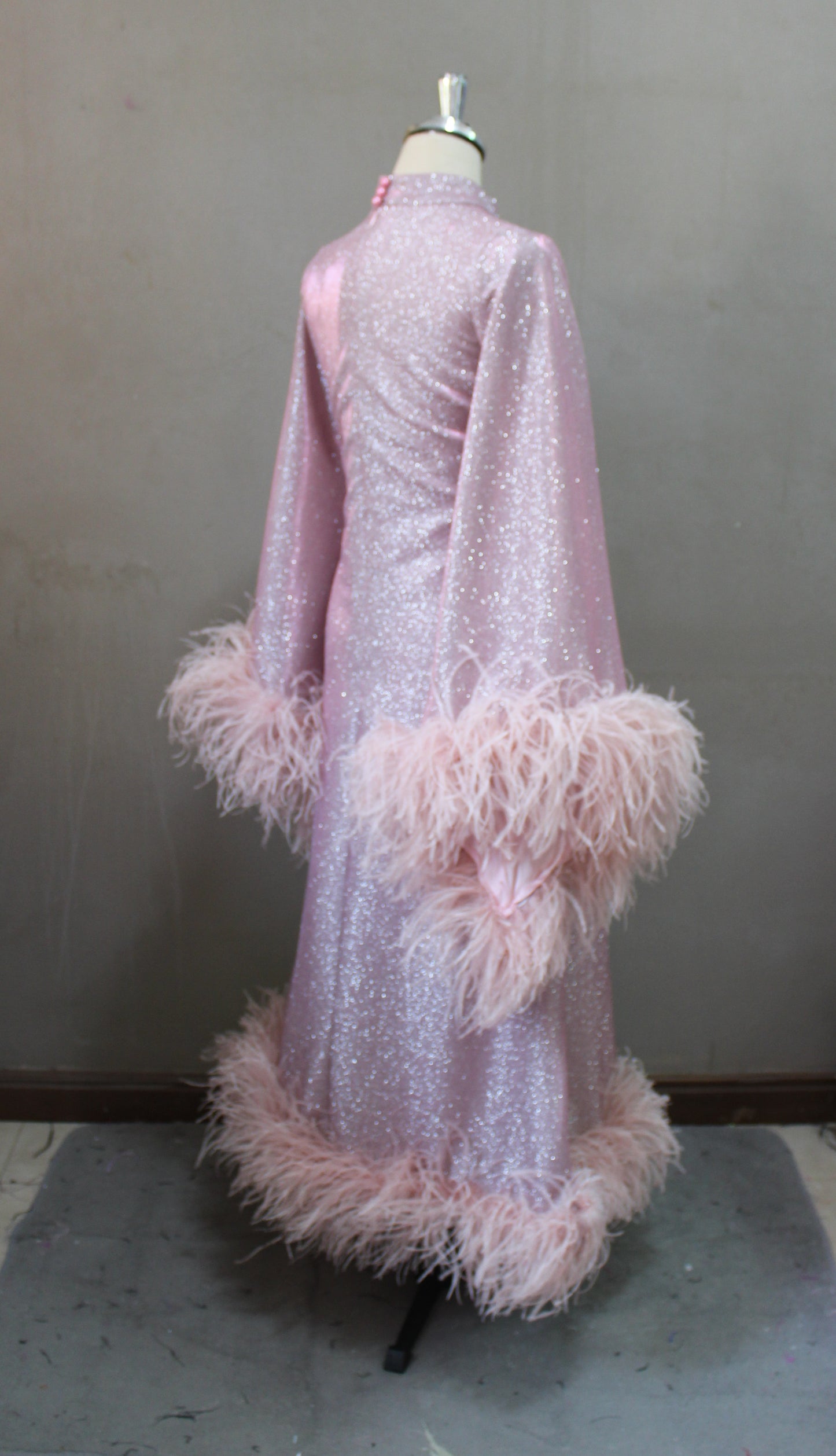 MARAYA Shimmer Rose Metallic Sparkle Bell Sleeve Feather Maxi Dress (Size 0 US. - 8 US.)