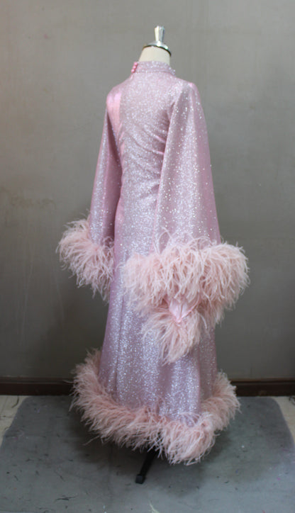 MARAYA Shimmer Rose Metallic Sparkle Bell Sleeve Feather Maxi Dress (Size 0 US. - 8 US.)