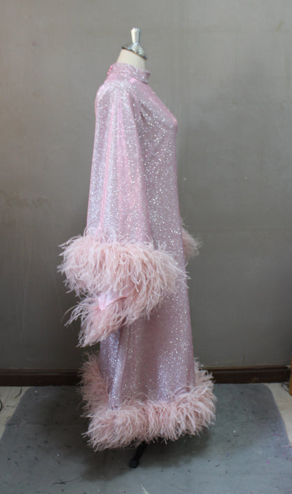 MARAYA Shimmer Rose Metallic Sparkle Bell Sleeve Feather Maxi Dress (Size 0 US. - 8 US.)