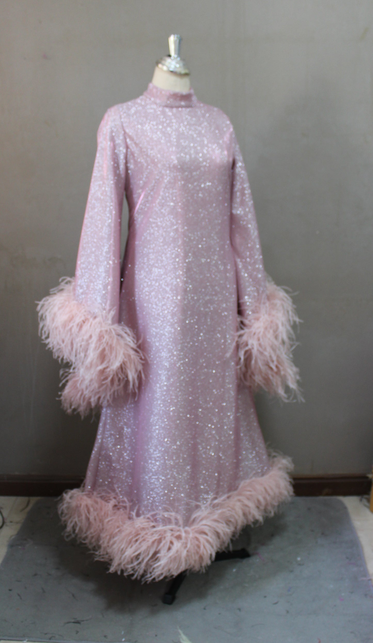 MARAYA Shimmer Rose Metallic Sparkle Bell Sleeve Feather Maxi Dress (Size 0 US. - 8 US.)