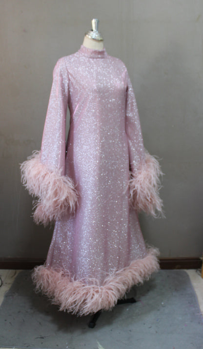 MARAYA Shimmer Rose Metallic Sparkle Bell Sleeve Feather Maxi Dress (Size 0 US. - 8 US.)