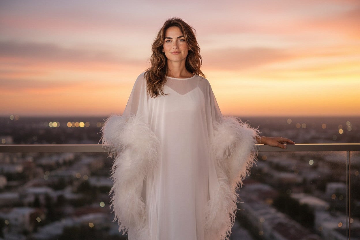 MARAYA Silk chiffon Kaftan Feather Maxi Dress