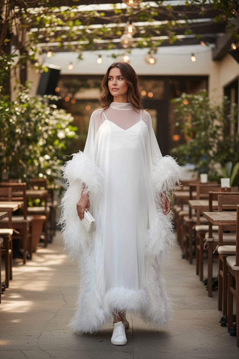 MARAYA Silk chiffon Kaftan Feather Maxi Dress