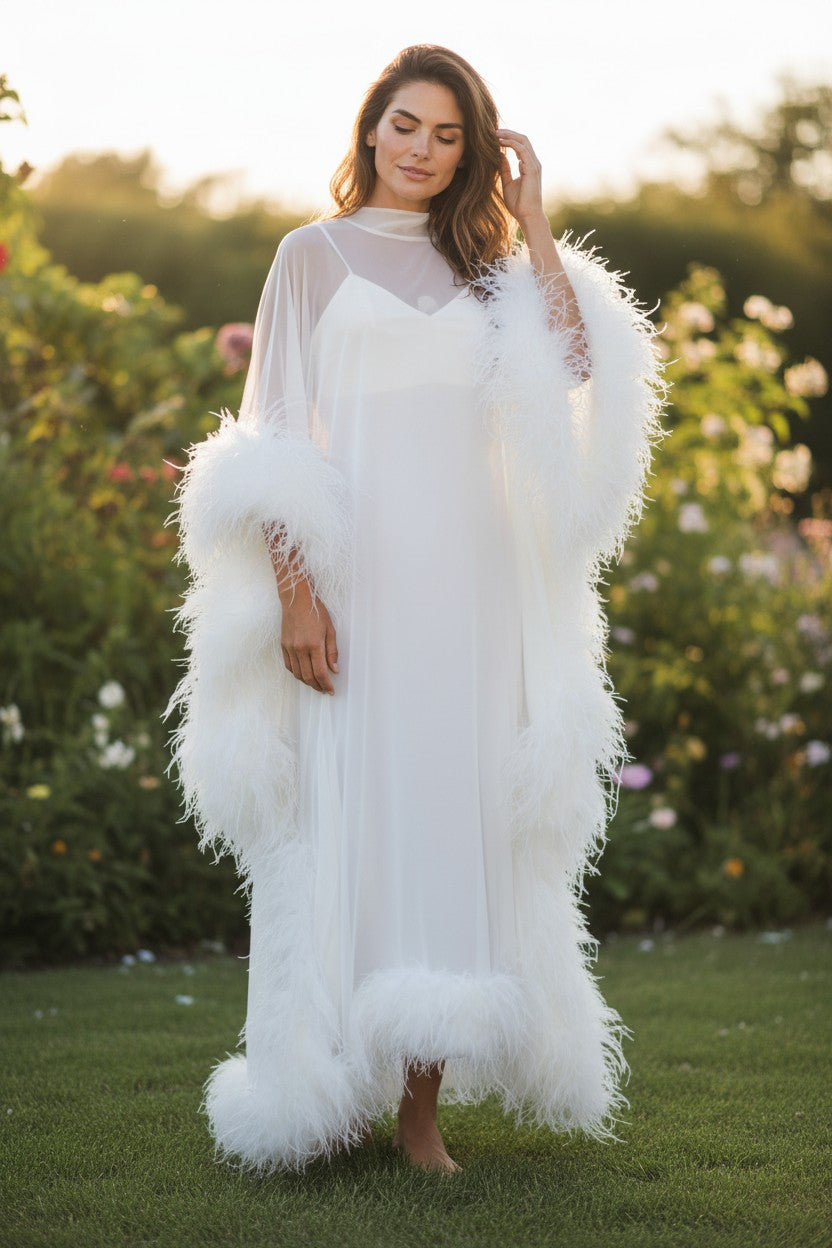 MARAYA Silk chiffon Kaftan Feather Maxi Dress