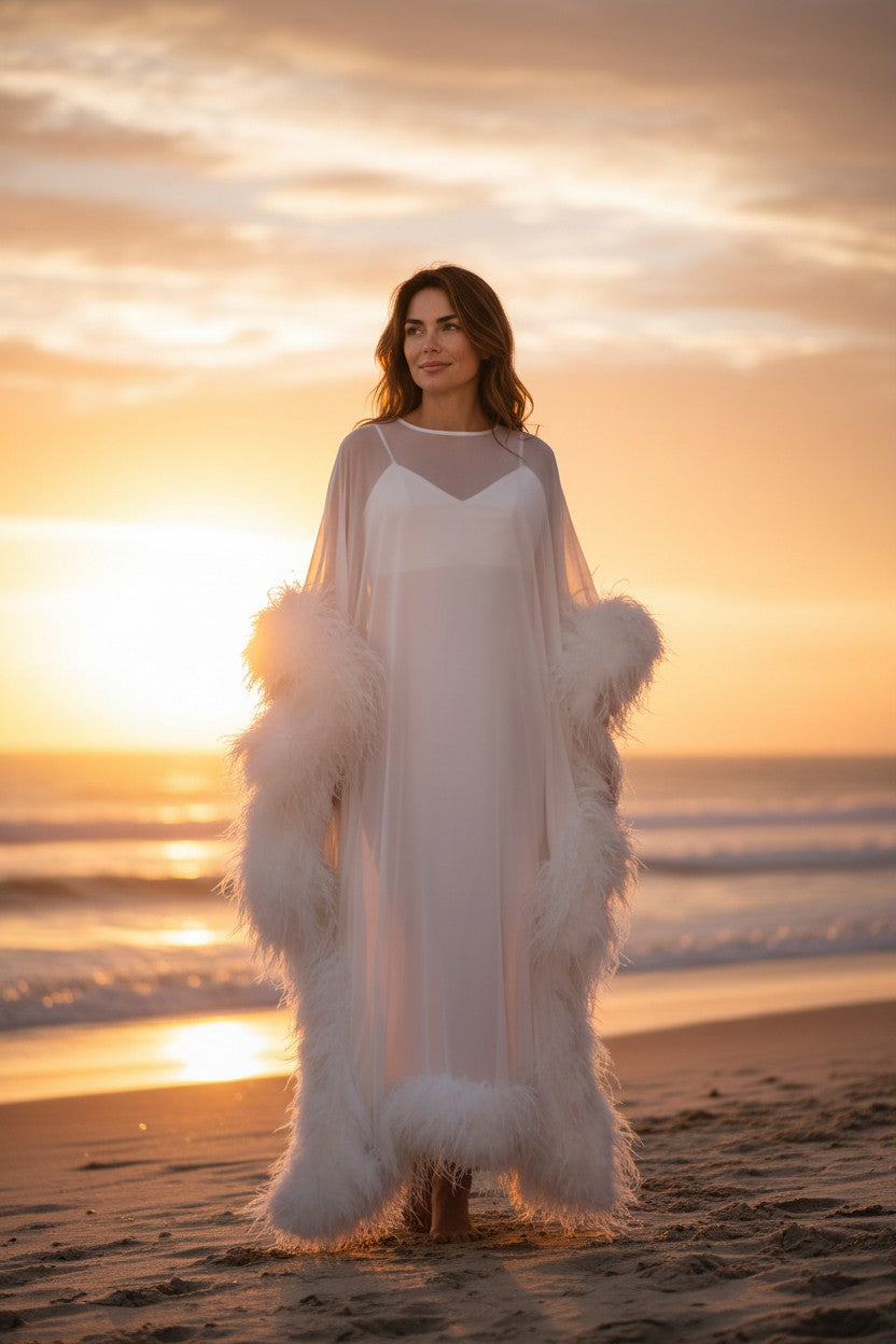 MARAYA Silk chiffon Kaftan Feather Maxi Dress