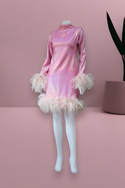 MARAYA Sparkle Long Sleeve High Neck Feather Mini Dress