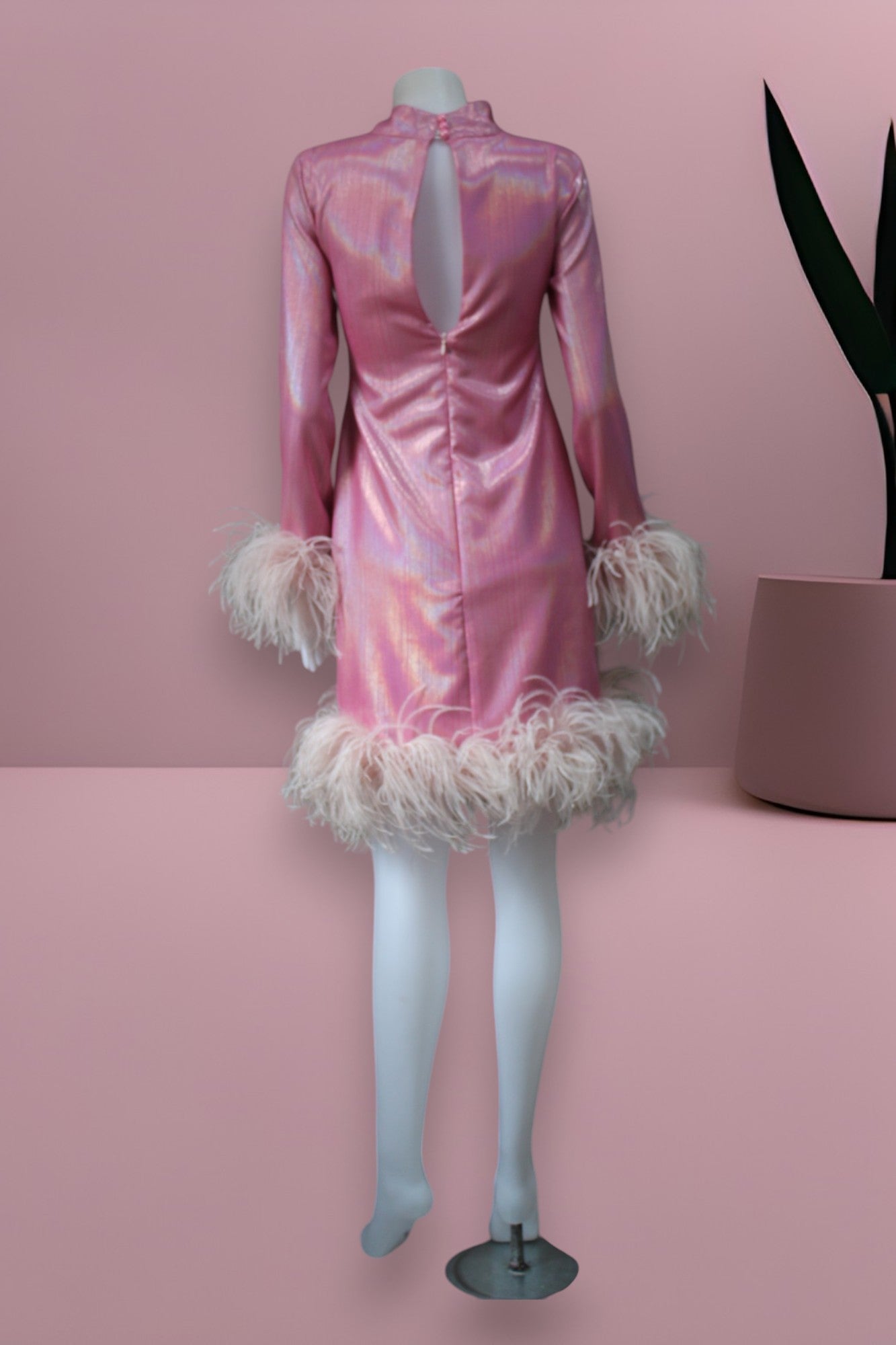 MARAYA Sparkle Long Sleeve High Neck Feather Mini Dress