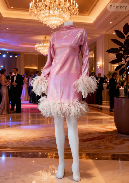 MARAYA Sparkle Long Sleeve High Neck Feather Mini Dress