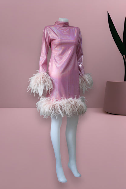 MARAYA Sparkle Long Sleeve High Neck Feather Mini Dress