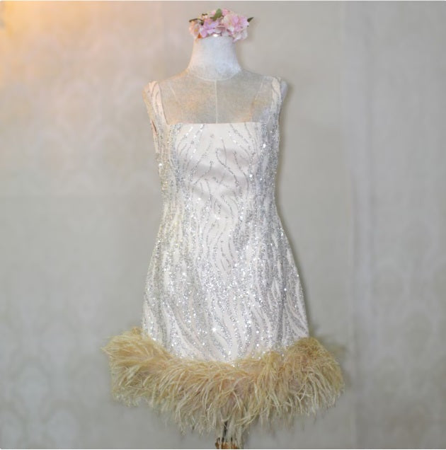 MARAYA Square Neck Nude Sequin Wedding Mini Dress
