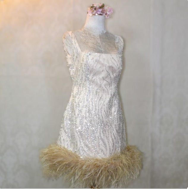 MARAYA Square Neck Nude Sequin Wedding Mini Dress
