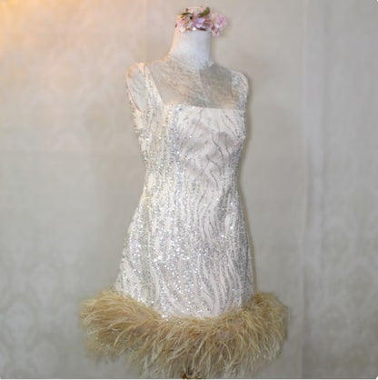 MARAYA Square Neck Nude Sequin Wedding Mini Dress
