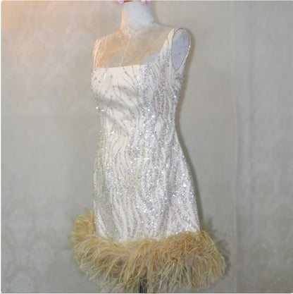 MARAYA Square Neck Nude Sequin Wedding Mini Dress