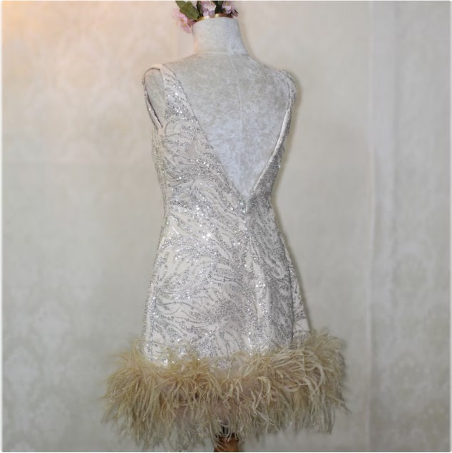 MARAYA Square Neck Nude Sequin Wedding Mini Dress