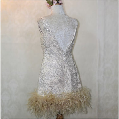 MARAYA Square Neck Nude Sequin Wedding Mini Dress