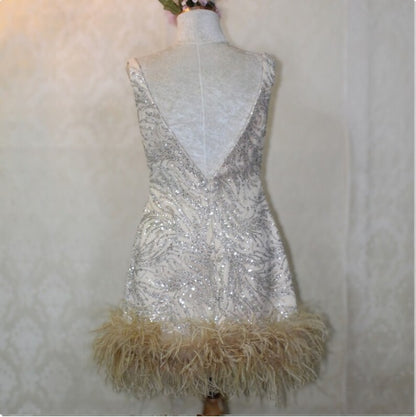 MARAYA Square Neck Nude Sequin Wedding Mini Dress