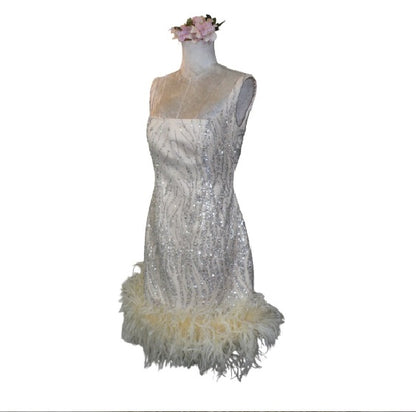 MARAYA Square Neck Nude Sequin Wedding Mini Dress