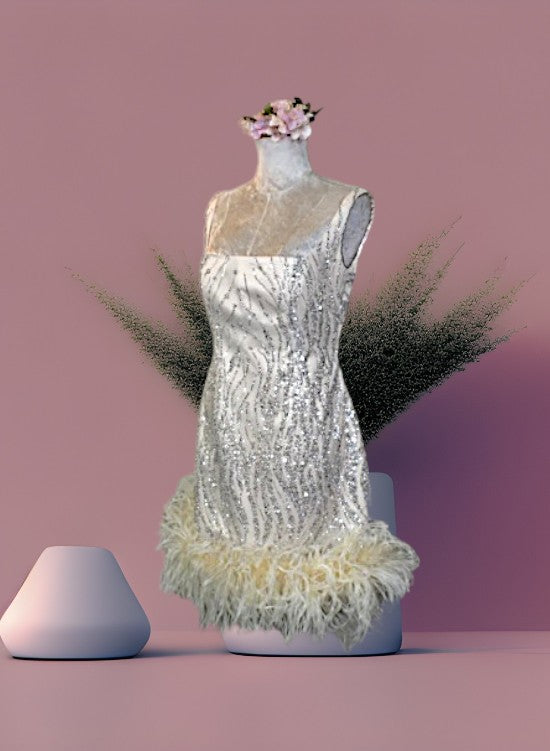 MARAYA Square Neck Nude Sequin Wedding Mini Dress