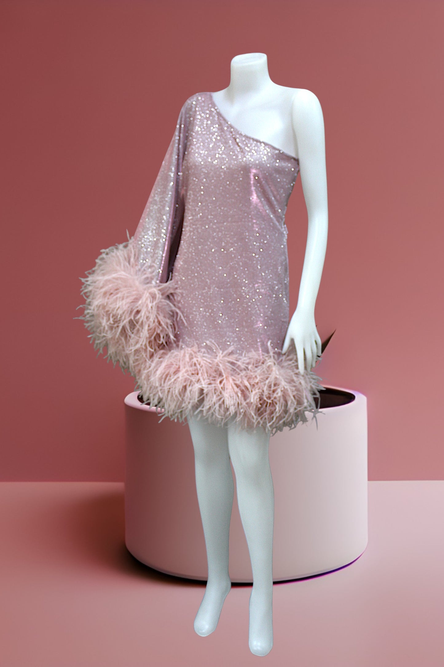 MARAYA Star Glamour One-Shoulder Mini Feather Dress