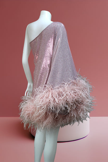 MARAYA Star Glamour One-Shoulder Mini Feather Dress