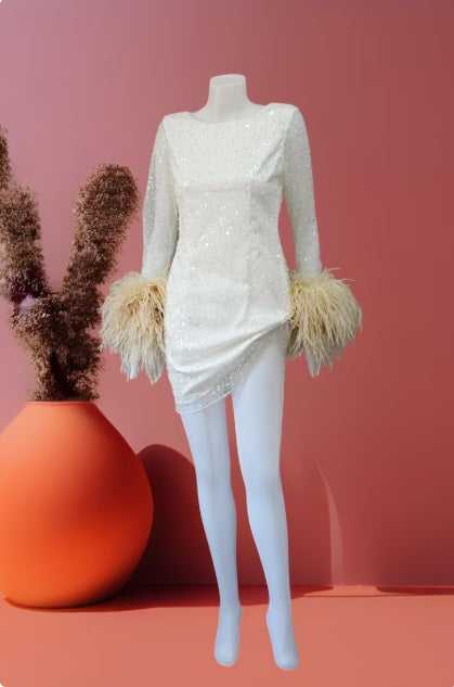 MARAYA Swan Pearl and Sequin Mesh Long Sleeve Mini Feather Dress, Wedding Dress