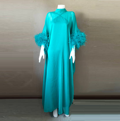 MARAYA Yellow Kaftan Shift Evening Maxi Feather dress