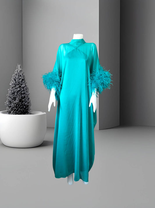 MARAYA Teal Green Kaftan Shift Evening Maxi Feather dress