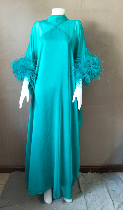 MARAYA Yellow Kaftan Shift Evening Maxi Feather dress