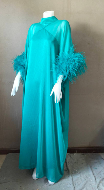 MARAYA Yellow Kaftan Shift Evening Maxi Feather dress