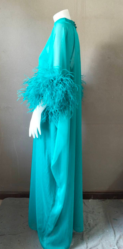 MARAYA Yellow Kaftan Shift Evening Maxi Feather dress