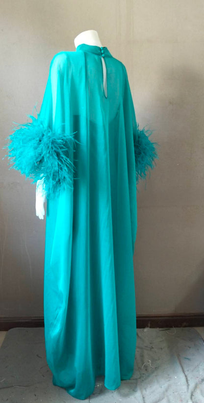 MARAYA Yellow Kaftan Shift Evening Maxi Feather dress