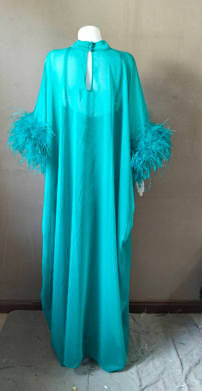 MARAYA Yellow Kaftan Shift Evening Maxi Feather dress