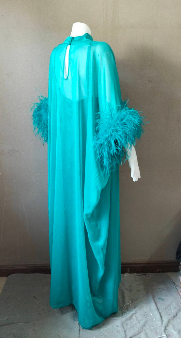 MARAYA Yellow Kaftan Shift Evening Maxi Feather dress