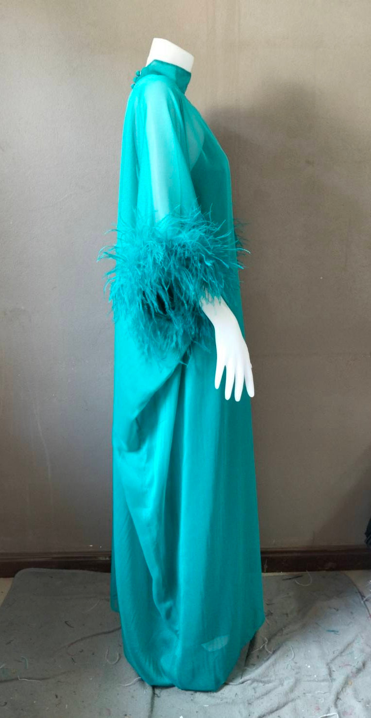 MARAYA Yellow Kaftan Shift Evening Maxi Feather dress